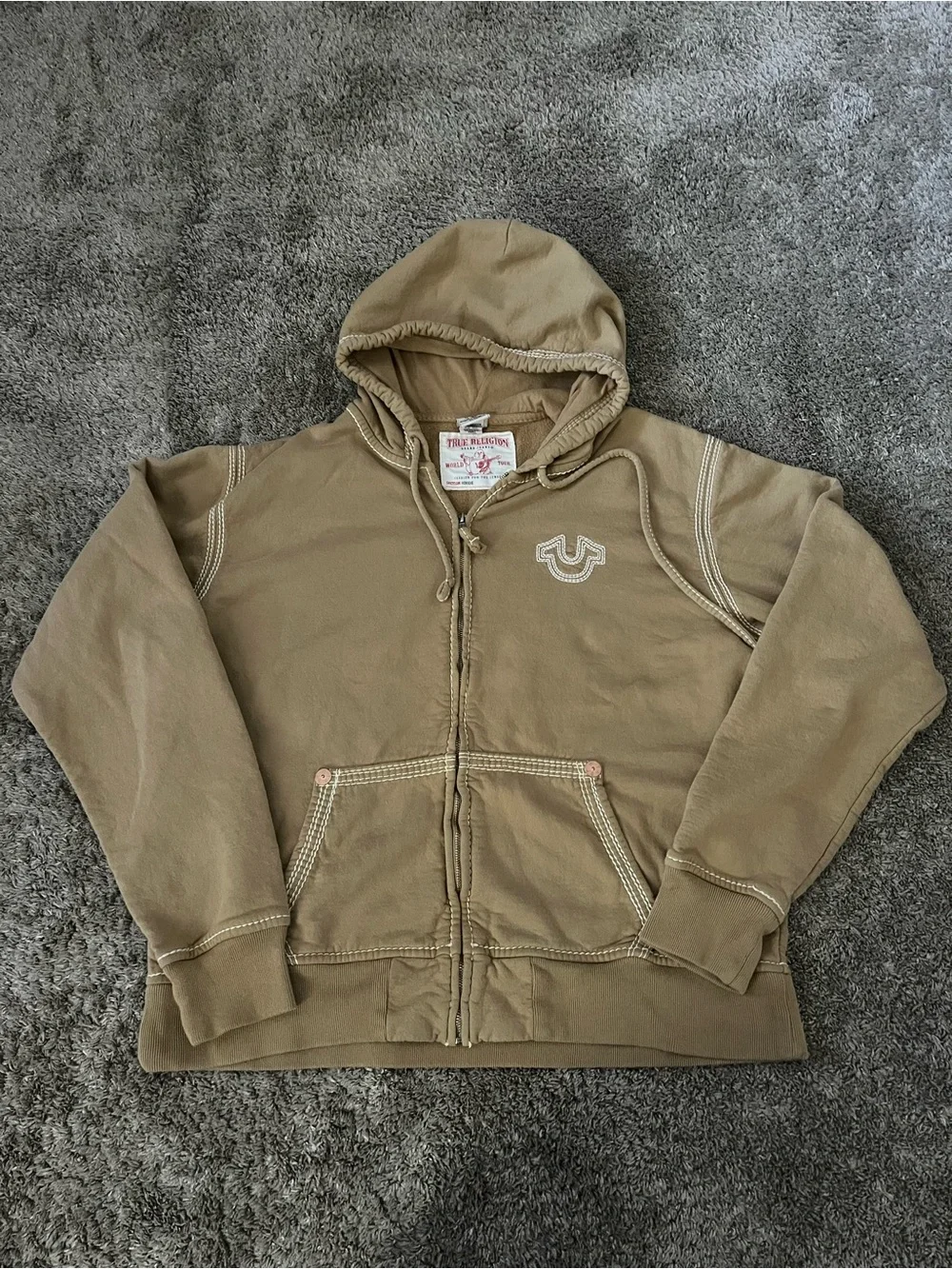 Vintage True Religion Distressed Faded Brown Zip Hoodie Men Size XXXL
